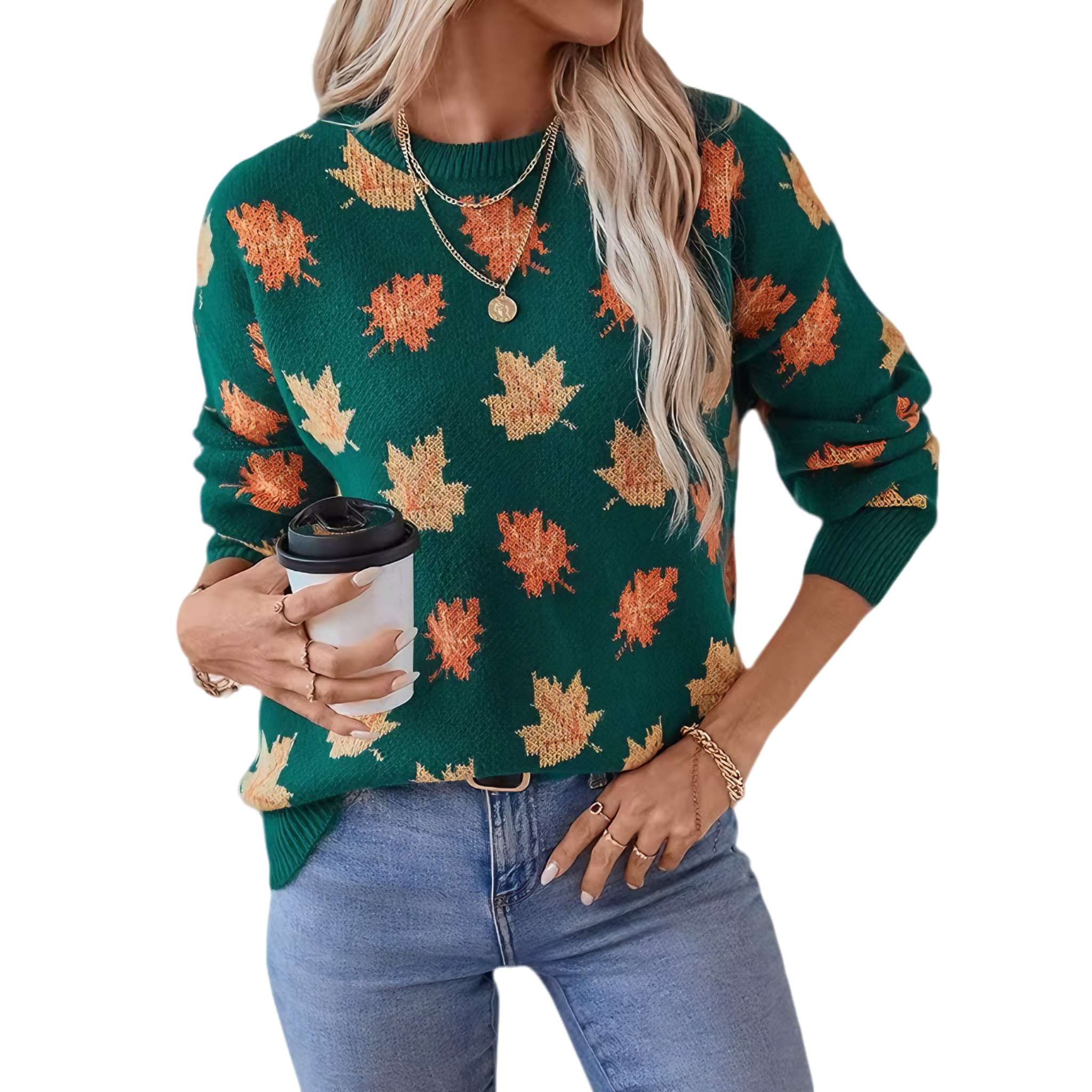Maple Leaf Jacquard Knit Pullover Sweater - Women's