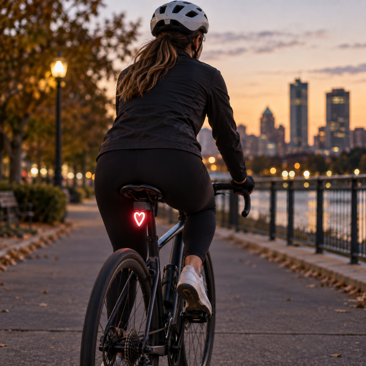 Cyclist riding with a Corvale 2 heart-shaped bicycle tail light at sunset
