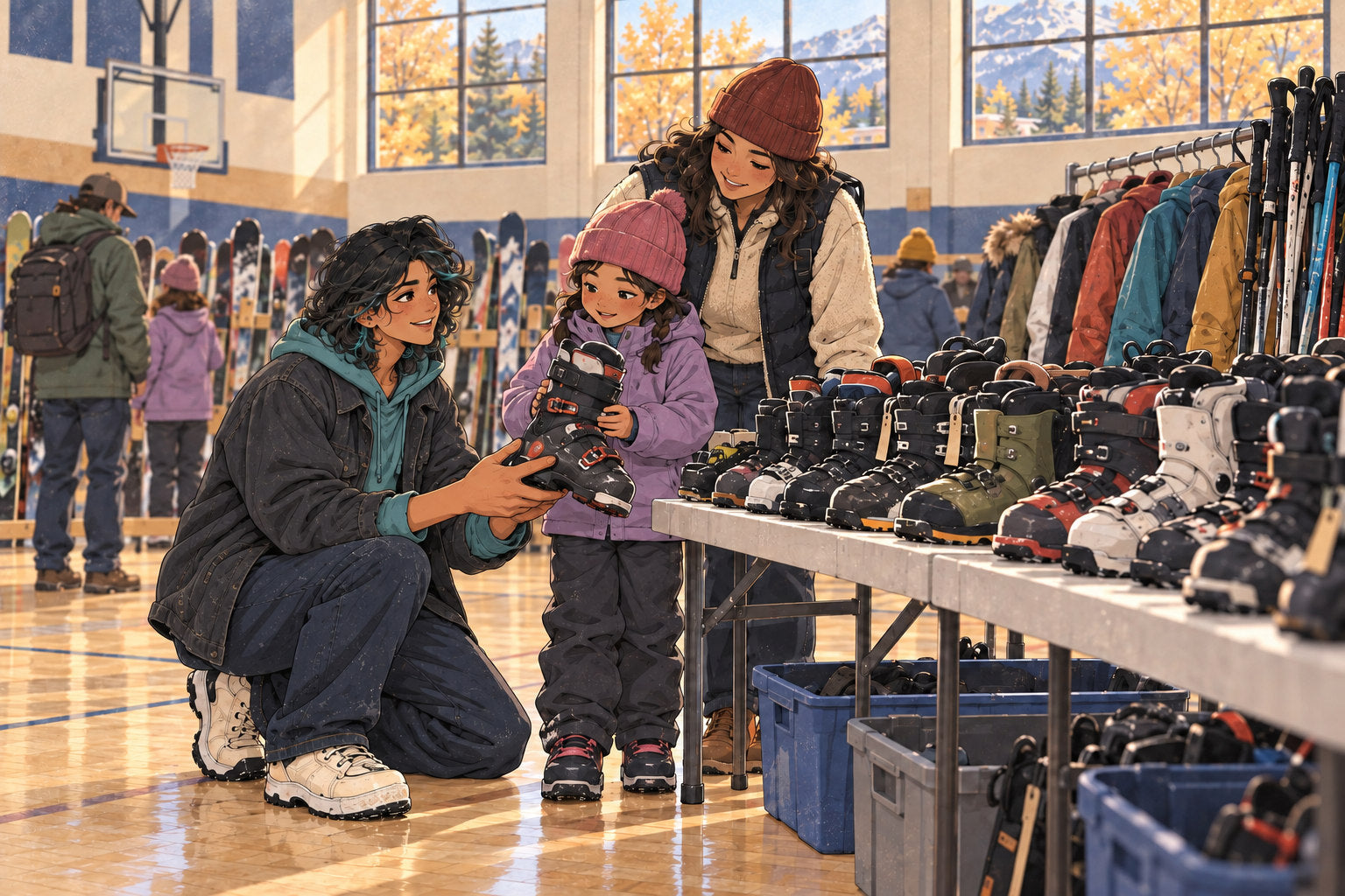 Illustration of Ridge helping a family look through used ski boots at a swap