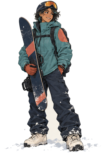 Illustrated winter-sports guide in teal outerwear holding a snowboard