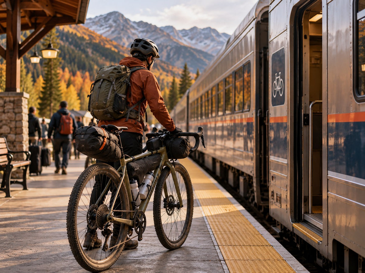 AI-generated editorial illustration of a traveler with a loaded gravel bicycle beside a passenger train.