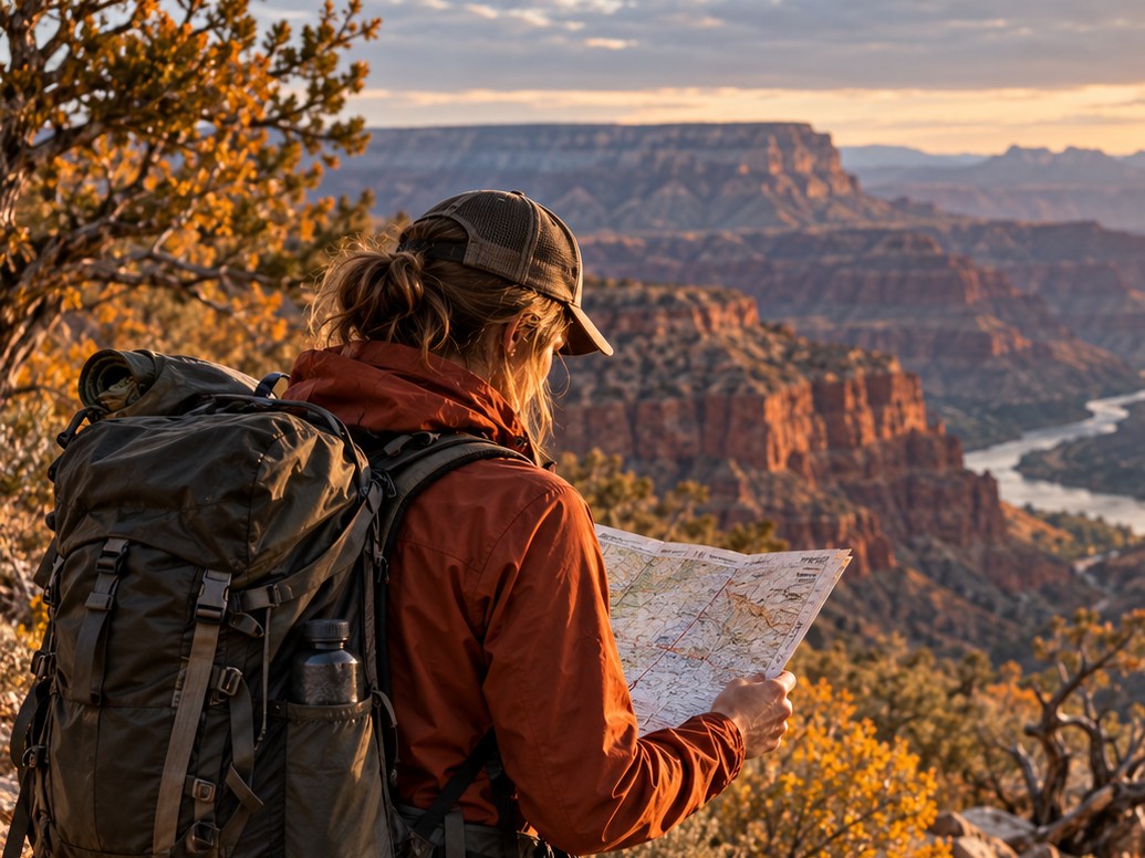 AI-generated editorial illustration of a backpacker studying a paper map above a canyon.