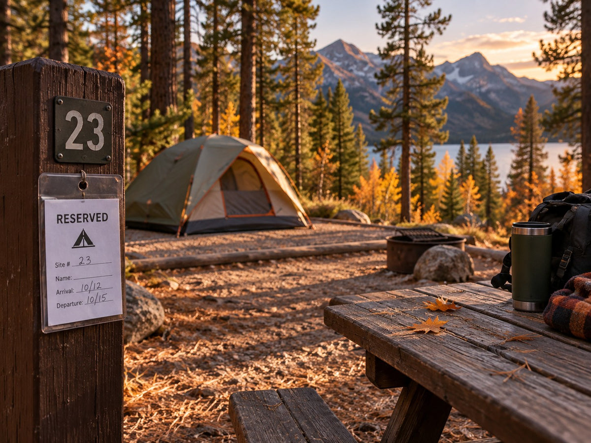 AI-generated editorial illustration of a reserved campsite, tent and picnic table in an autumn forest.