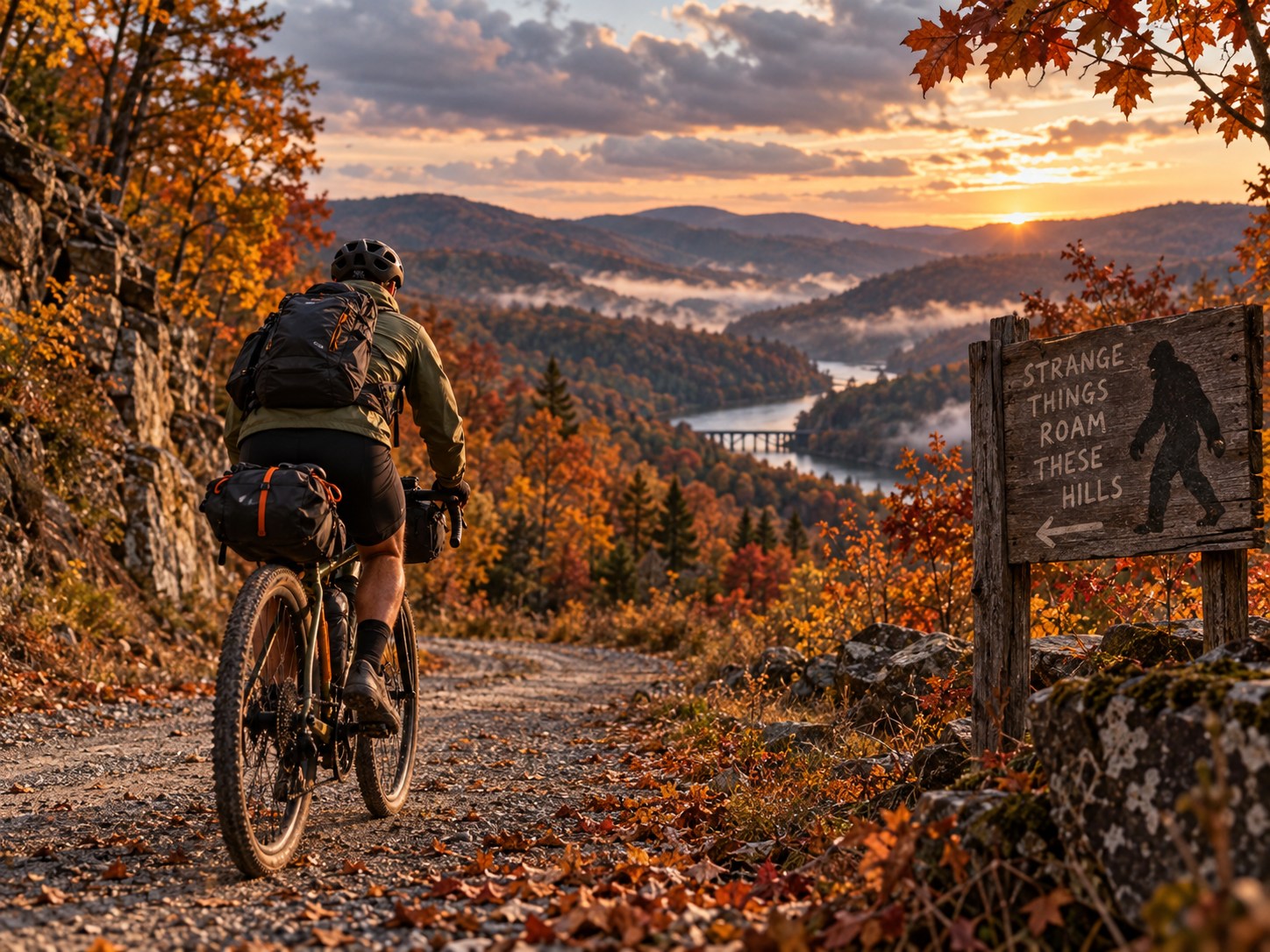 AI-generated editorial illustration of autumn bikepacking and a fictional folklore sign in wooded hills.