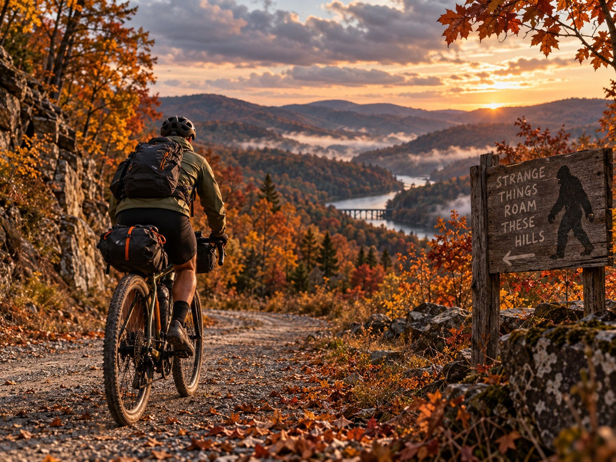 AI-generated editorial illustration of autumn bikepacking and a fictional folklore sign in wooded hills.