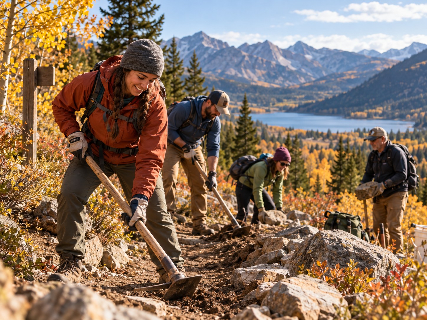 AI-generated editorial illustration of volunteers working together on an autumn mountain trail.