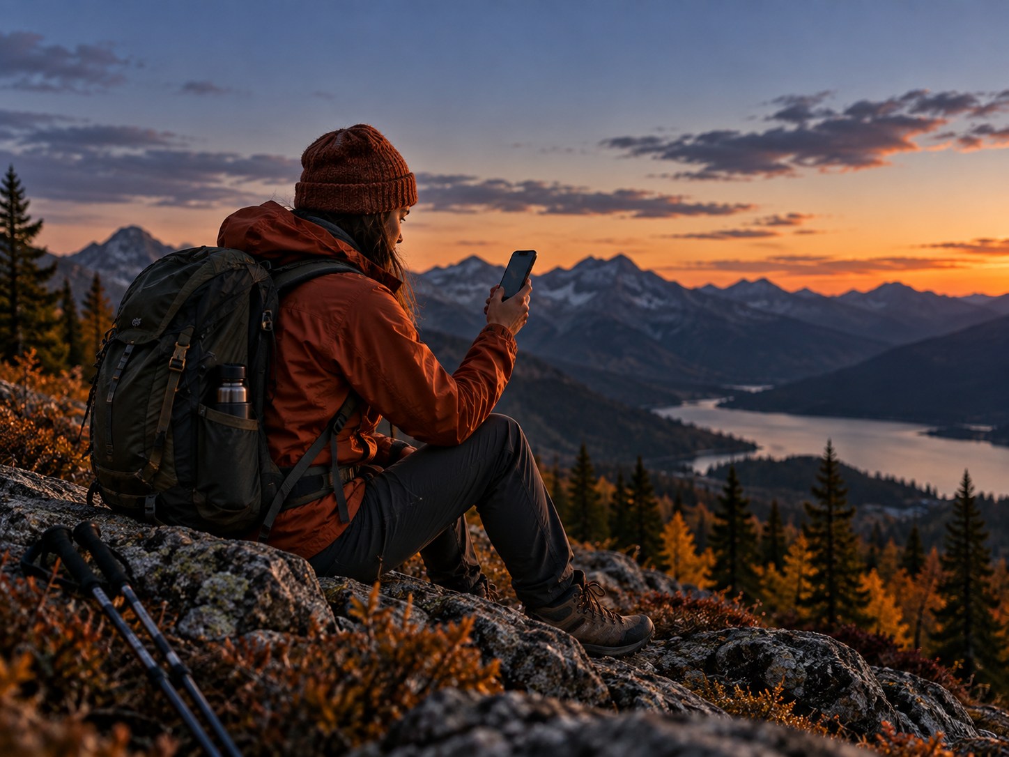 AI-generated editorial illustration of a hiker checking a smartphone beneath an open evening sky.