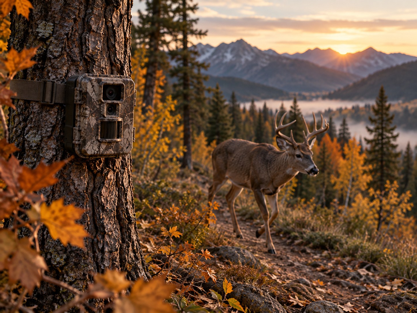 AI-generated editorial illustration of a trail camera and deer, not an image from the Arizona Trail study.