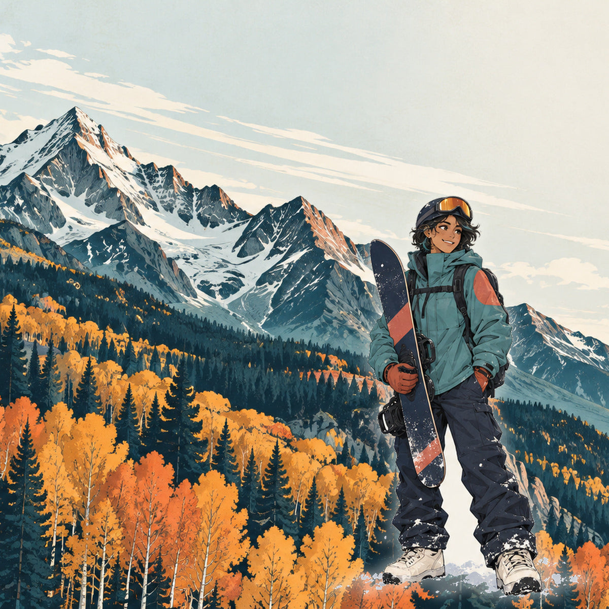 Illustration of Ridge with a snowboard against snowy peaks and autumn aspens