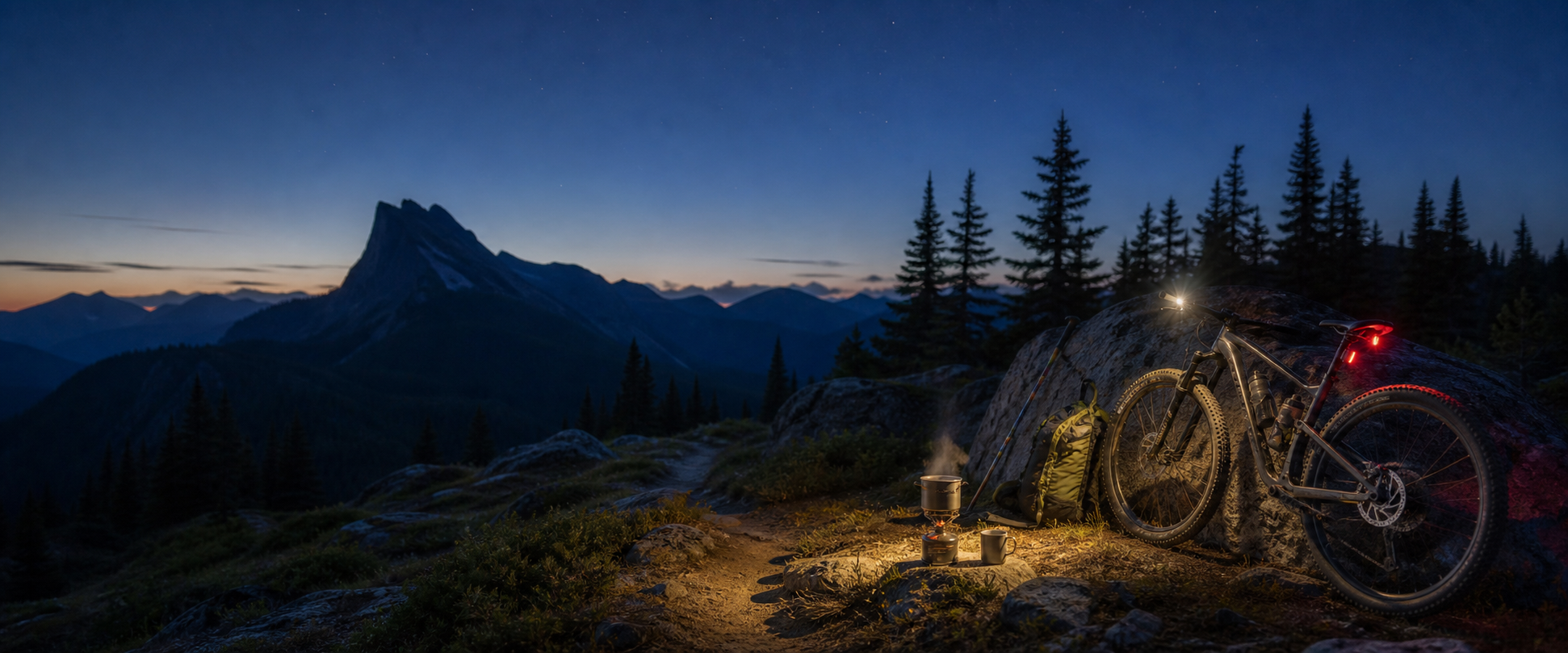 Mountain biking and camp cooking gear at blue hour in the alpine foothills