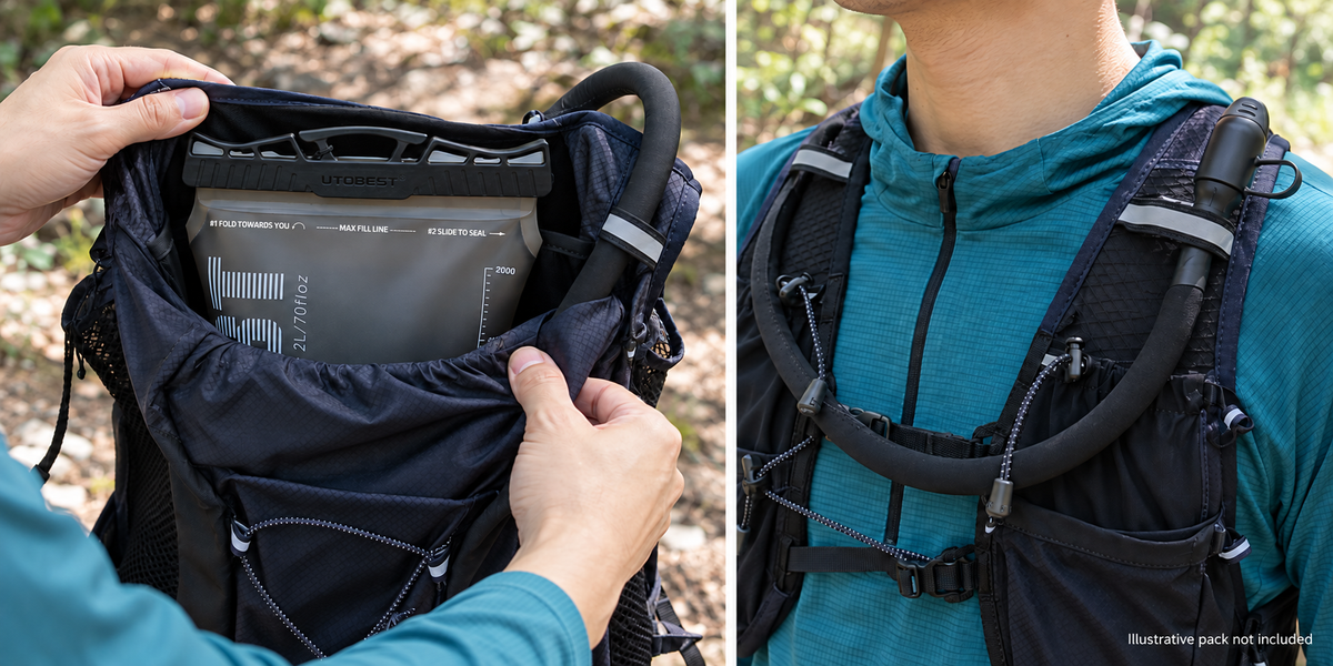 Two views of the UTOBEST Grey 2 L reservoir seated in an open pack sleeve and its tube retained on a worn shoulder strap; illustrative pack not included.