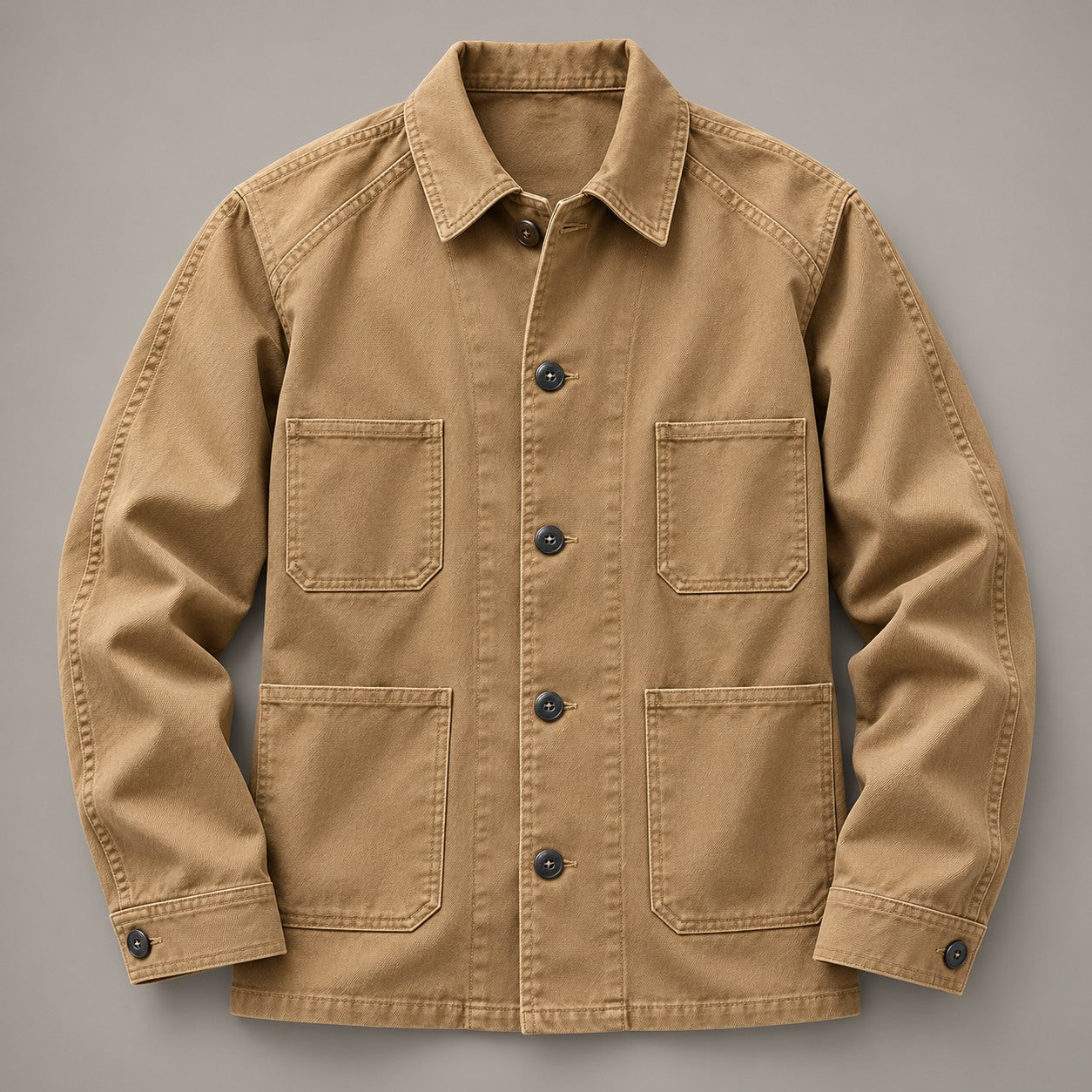 Front view of the khaki four-pocket chore coat laid flat
