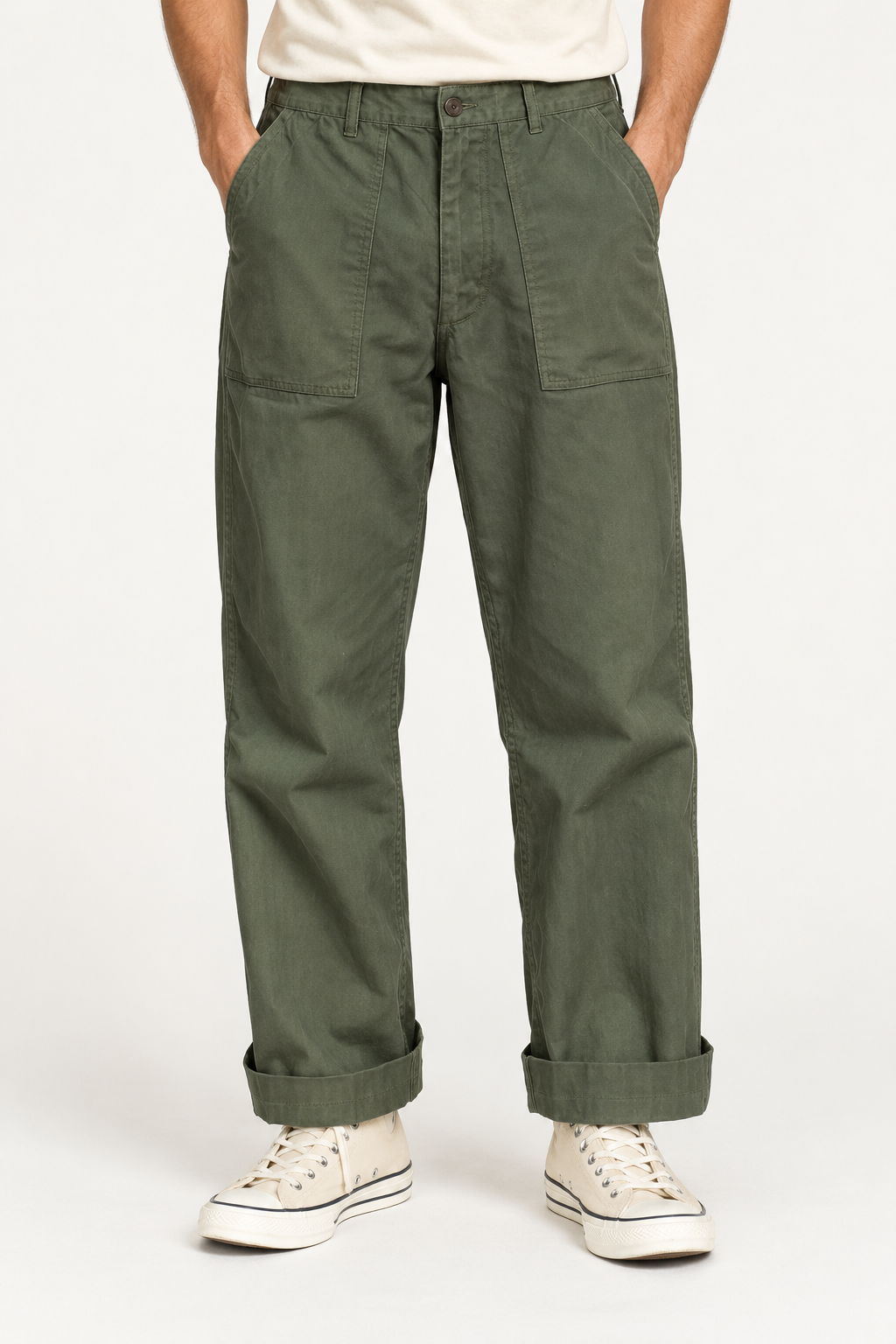 Bronson olive fatigue pants, full-length front view with patch pockets