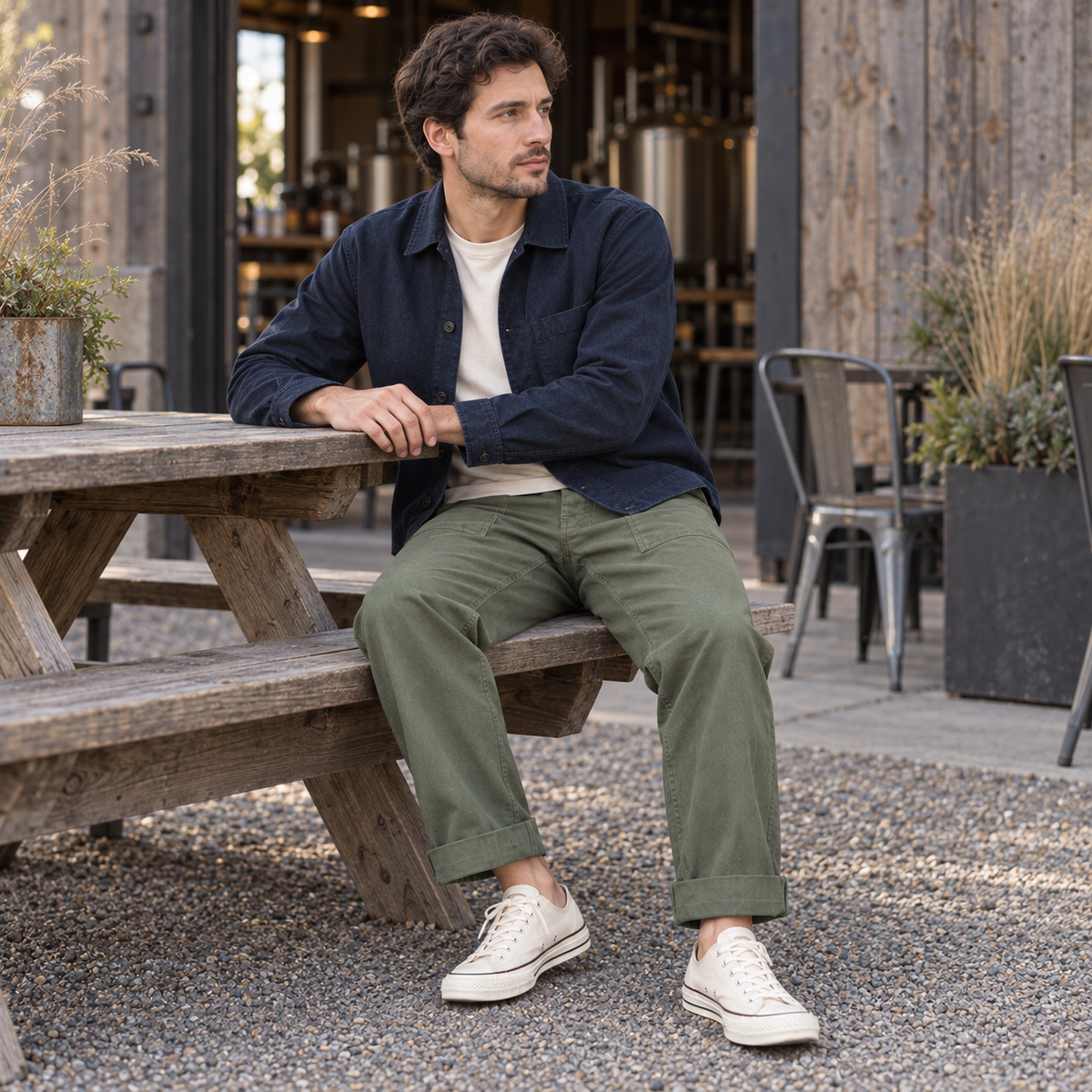 Man seated at a weathered brewery patio table wearing Bronson olive fatigue pants