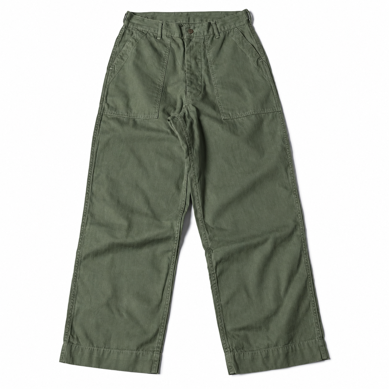 Bronson olive fatigue pants, laid flat with waistband and front patch pockets