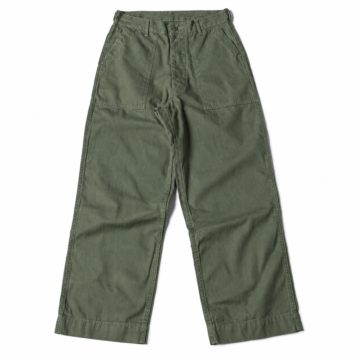 Bronson olive fatigue pants, laid flat with waistband and front patch pockets