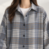 Bluehaven blue-gray plaid shacket, close view of collar and buttons