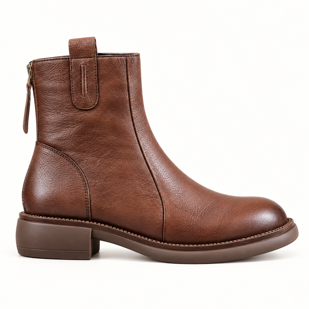 Briarwalk dark-brown ankle boot side profile showing the stitched panels, pull tab and low block heel
