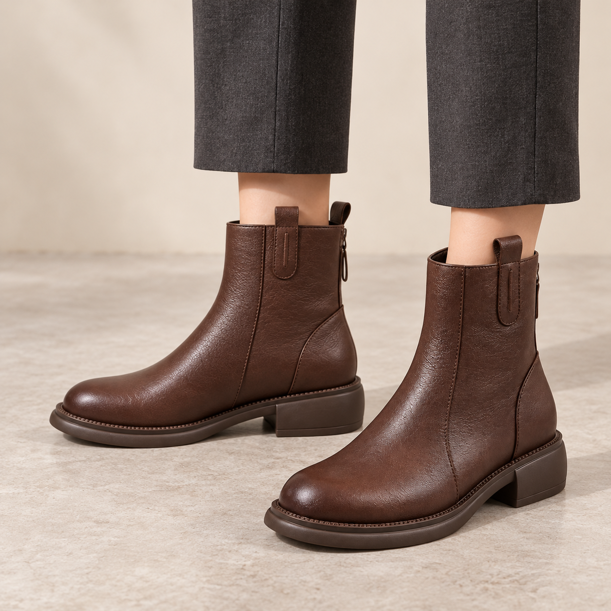 Briarwalk dark-brown ankle boots worn with cropped trousers, showing the low heels and rounded toes