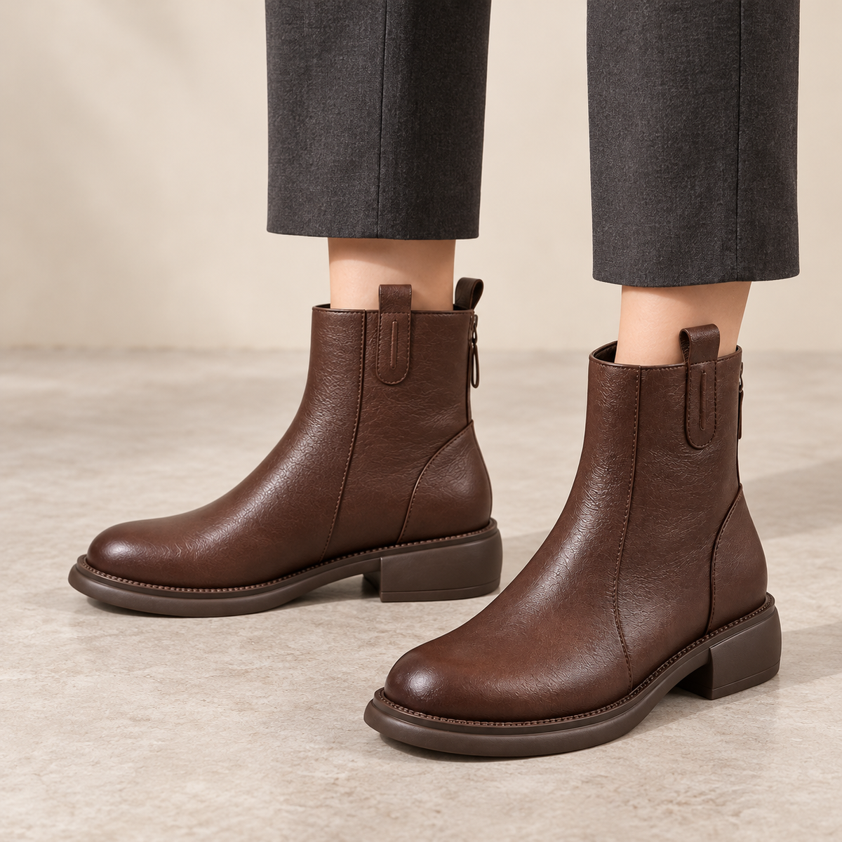 Briarwalk dark-brown ankle boots worn with cropped trousers, showing the low heels and rounded toes