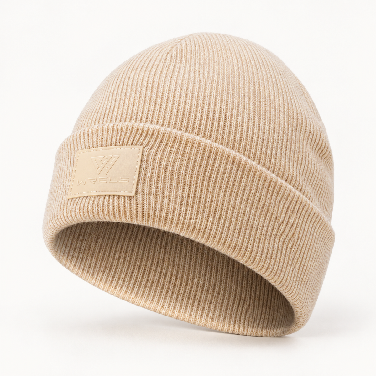 WRELS beige ribbed beanie, folded cuff and tonal logo patch