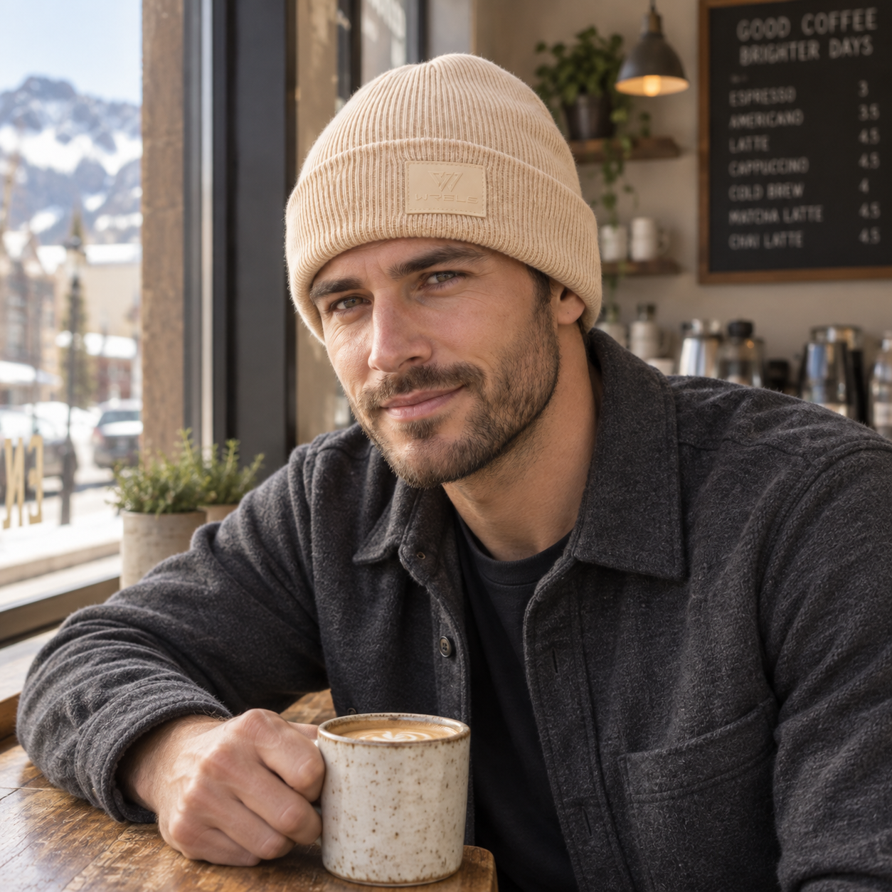 Man holding a coffee mug at a local coffee shop wearing the WRELS beige ribbed beanie