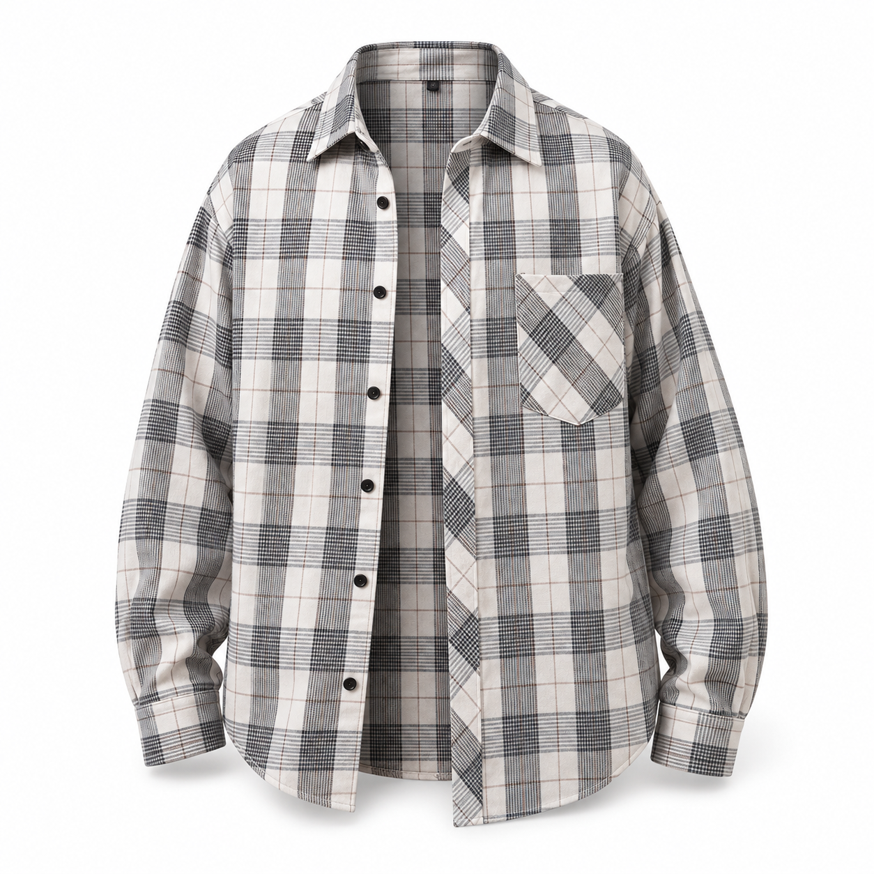 Ridgepine gray and taupe plaid long-sleeve shirt, front view with chest pocket