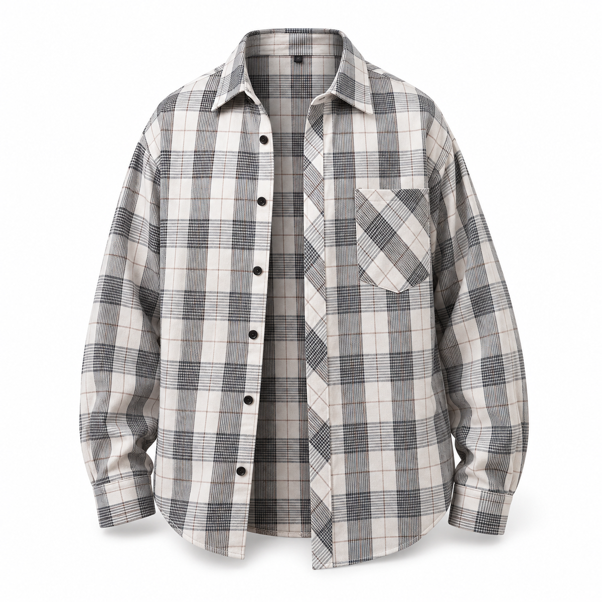 Ridgepine gray and taupe plaid long-sleeve shirt, front view with chest pocket