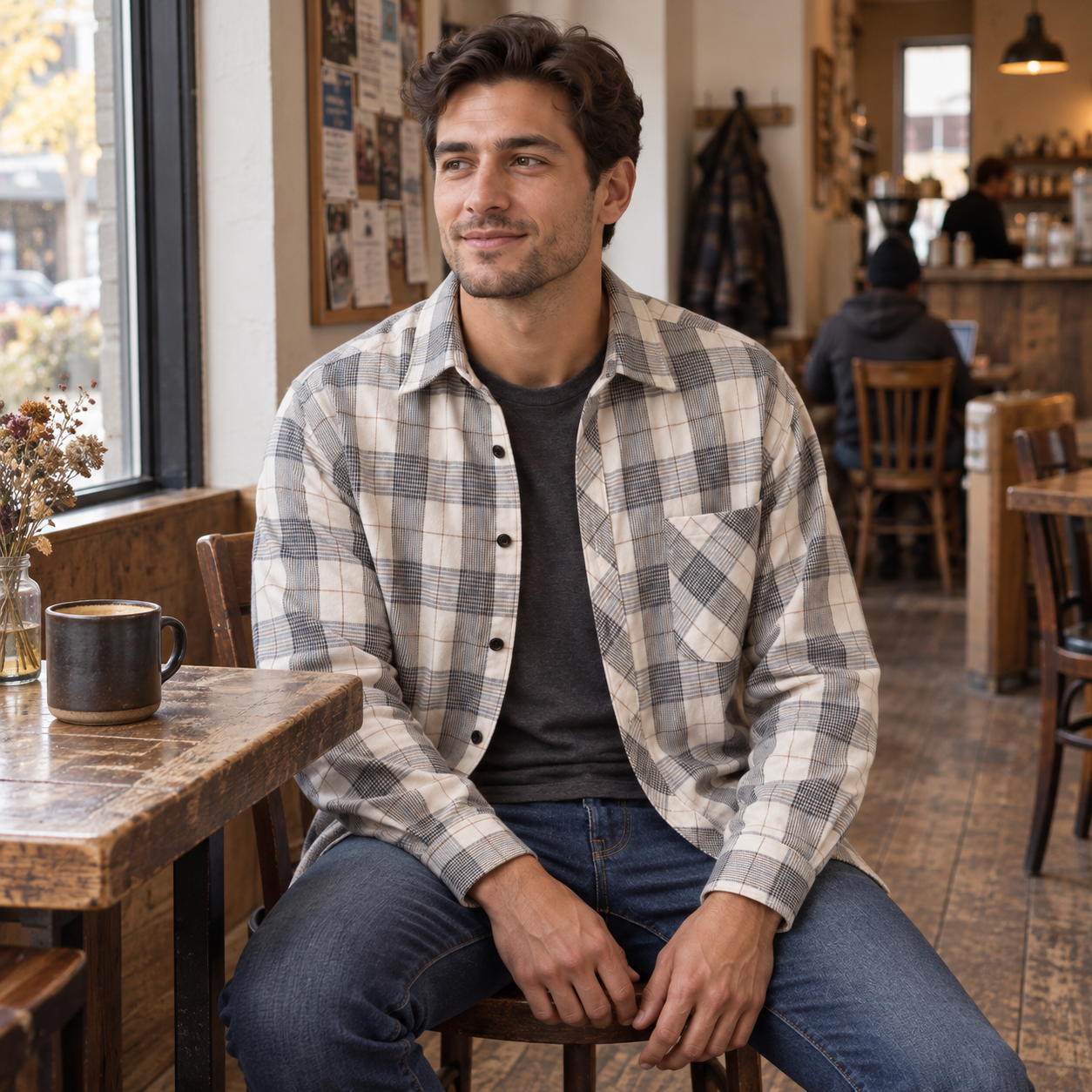 Man seated inside an independent coffee shop wearing the Ridgepine gray and taupe plaid shirt