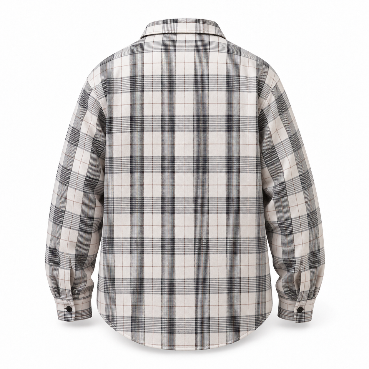 Ridgepine gray and taupe plaid shirt, full back view