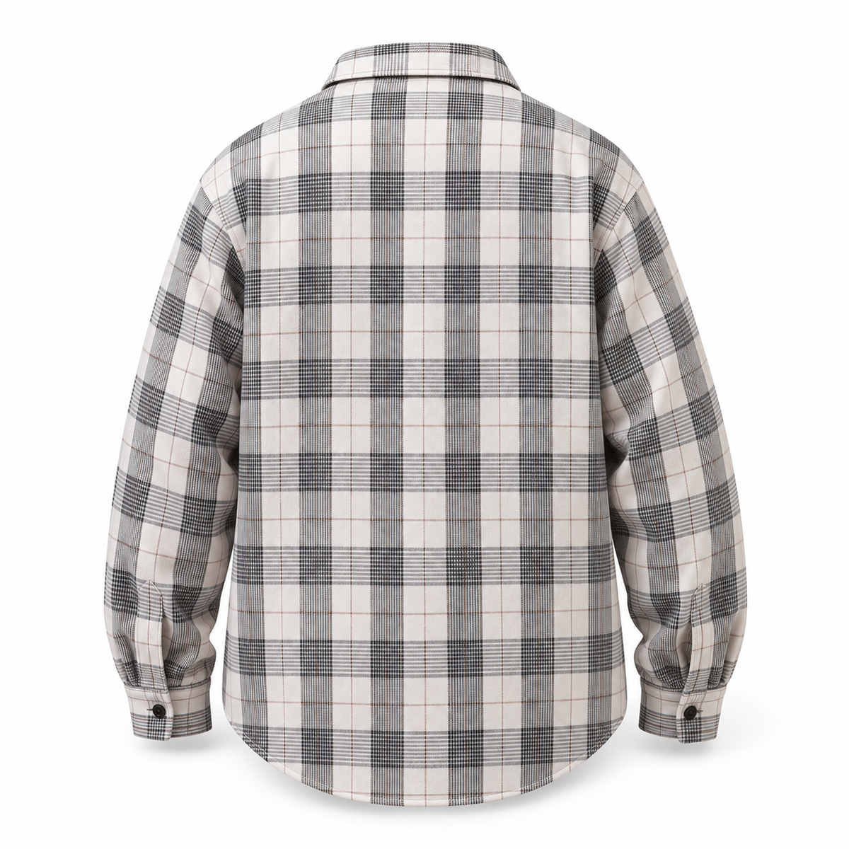Ridgepine gray and taupe plaid shirt, full back view