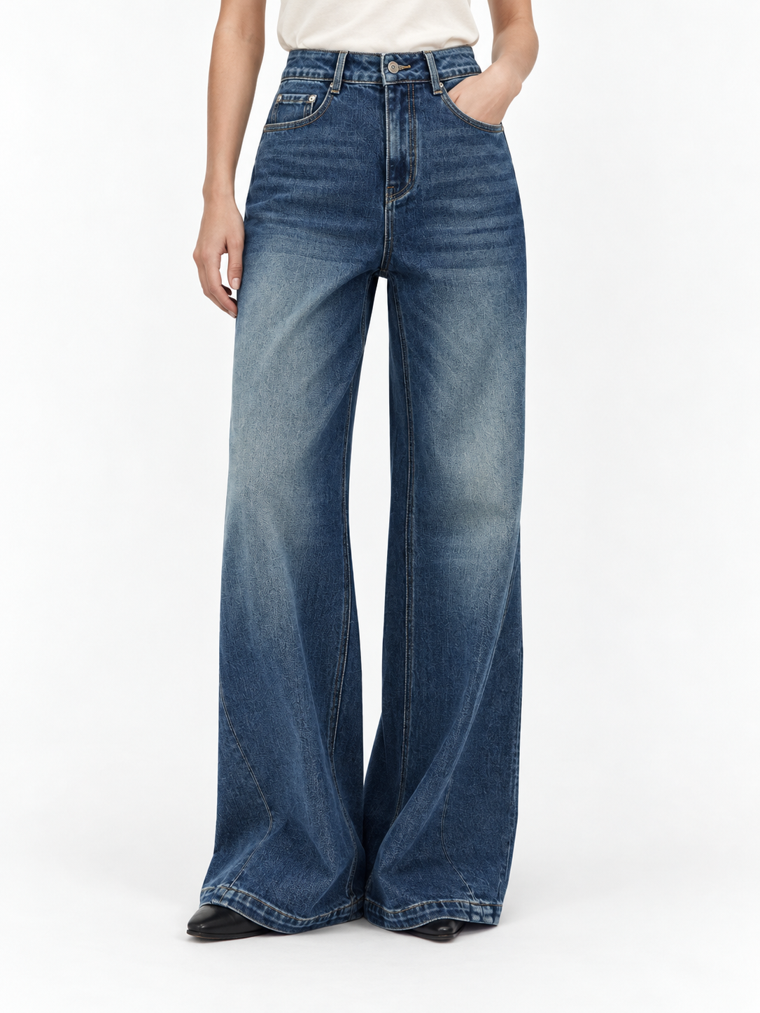 FSLE washed-blue wide-leg jeans, full-length front view