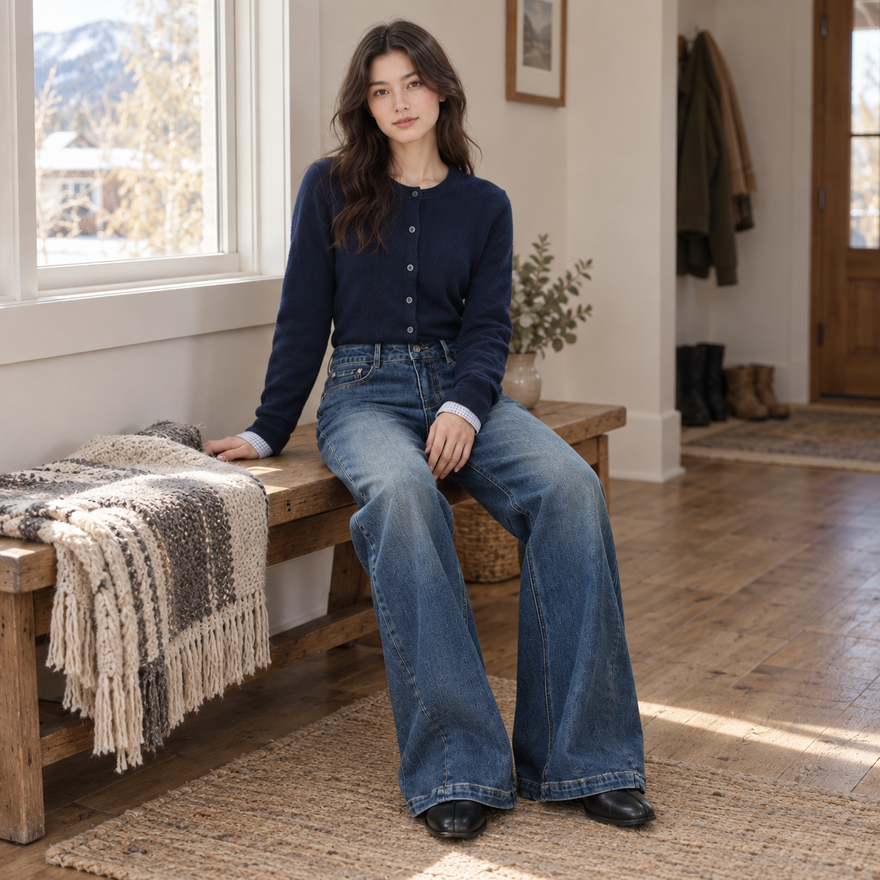 Woman seated on a home entryway bench wearing FSLE washed-blue wide-leg jeans