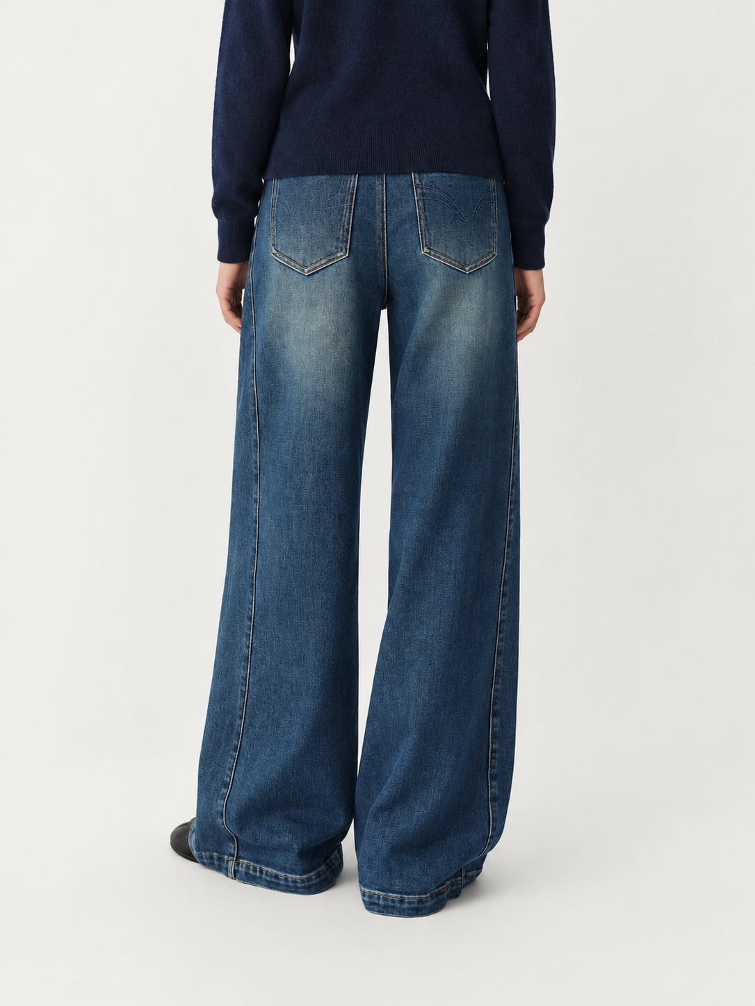 FSLE washed-blue wide-leg jeans, rear pockets and full-length back view