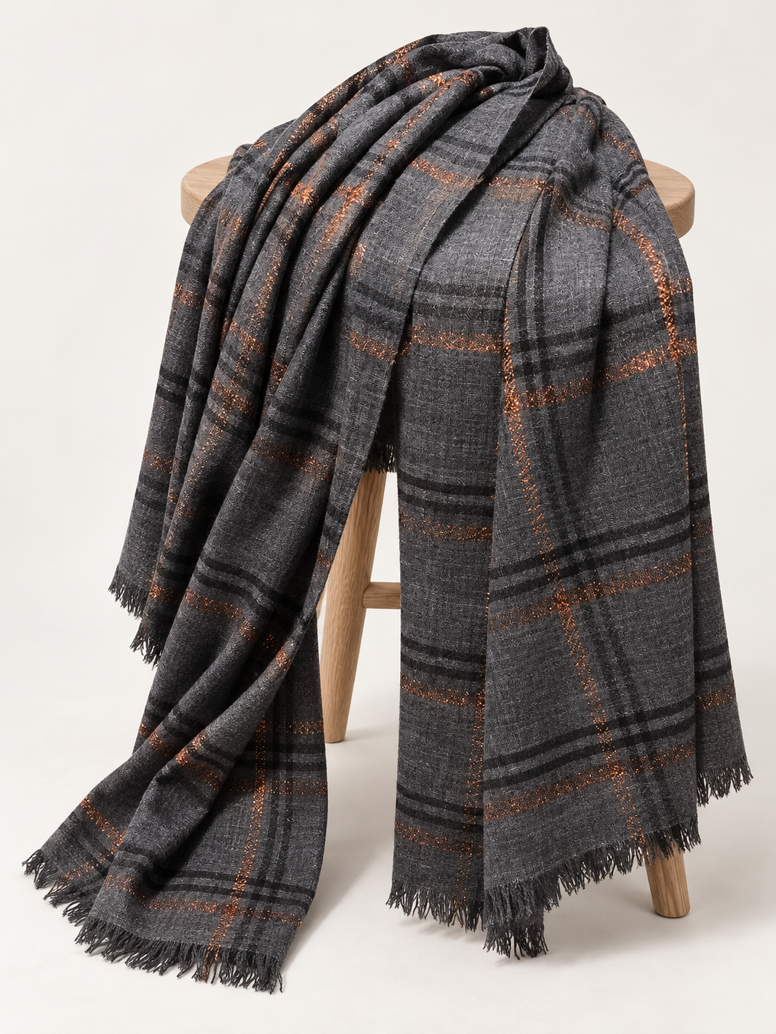 Embercheck charcoal-gray scarf, narrow rust plaid lines and fringed ends