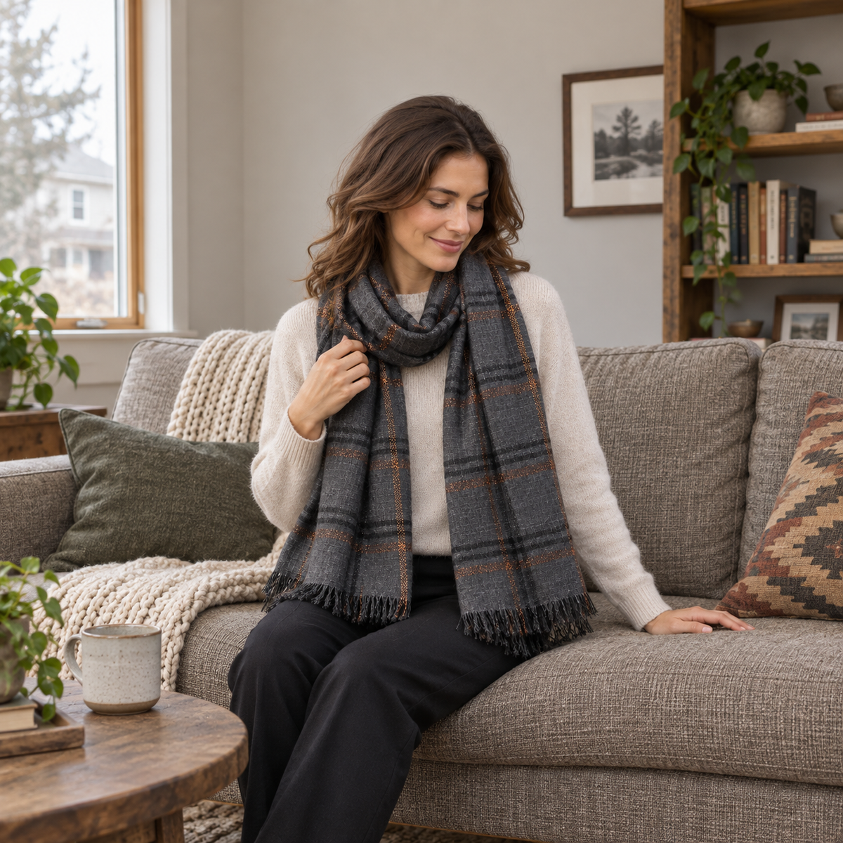 Woman adjusting the Embercheck charcoal and rust plaid scarf while seated on a sofa