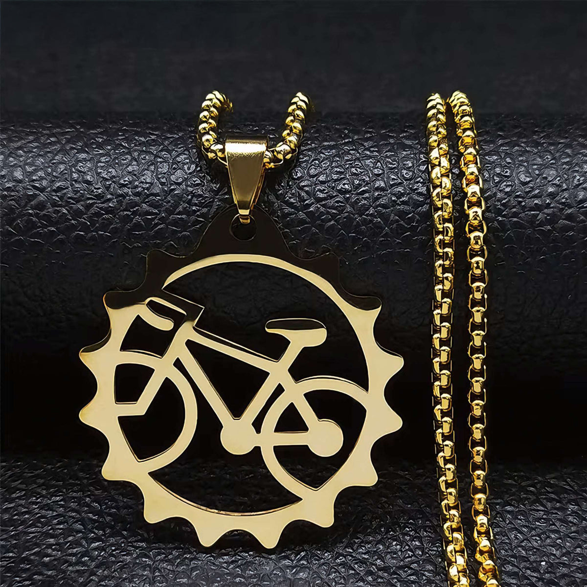 Gold stainless steel bike gear pendant necklace