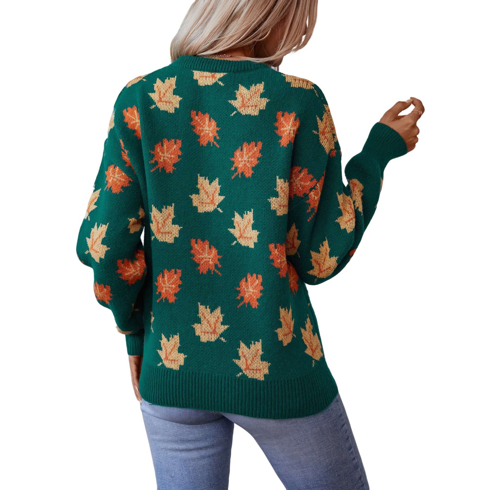 Maple Leaf Jacquard Knit Pullover Sweater - Women's