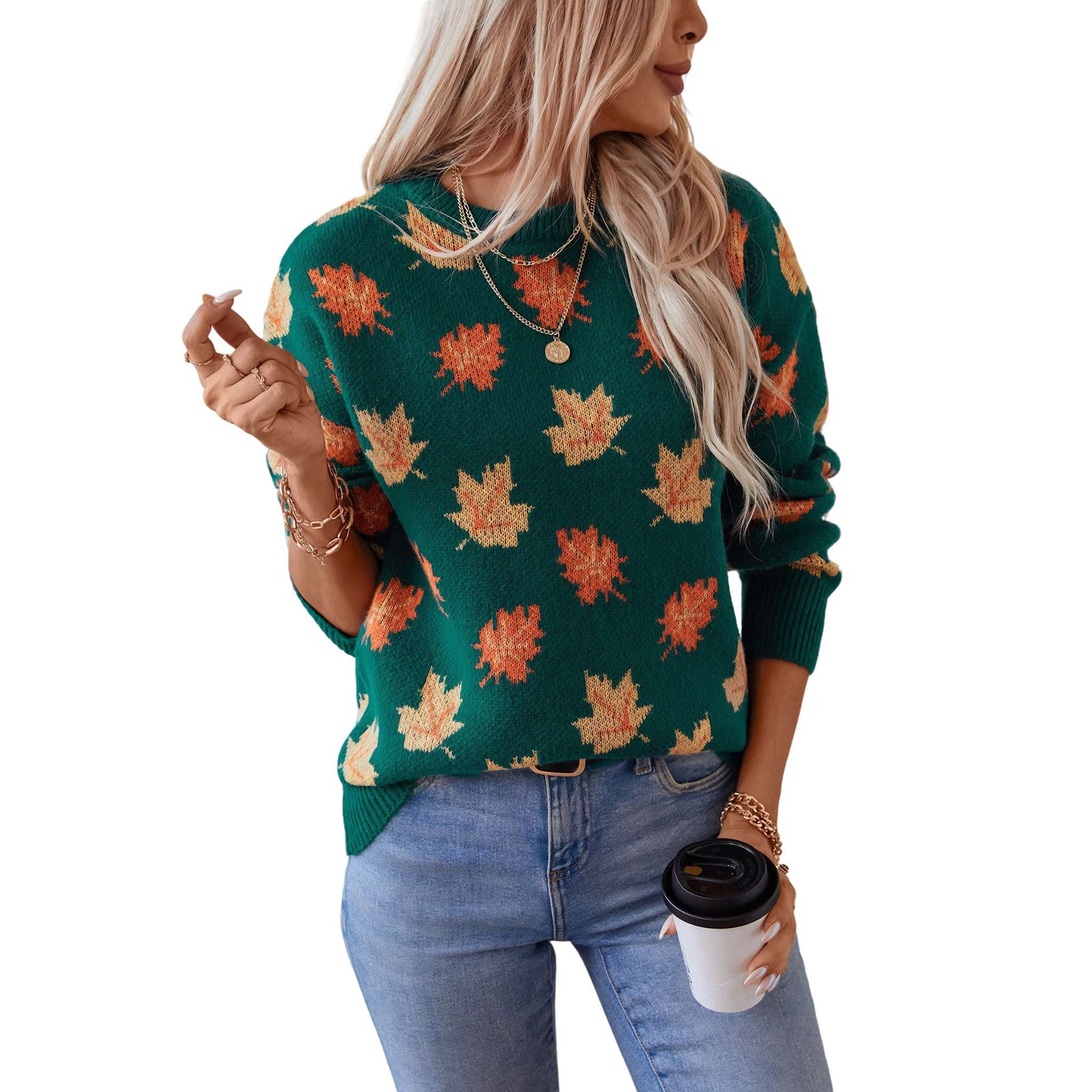 Maple Leaf Jacquard Knit Pullover Sweater - Women's