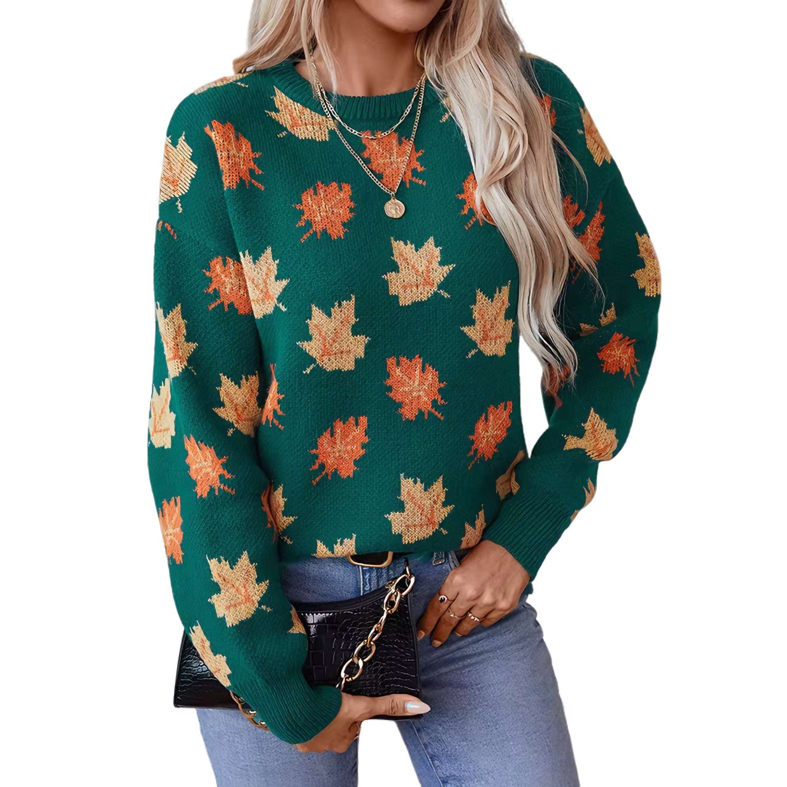 Maple Leaf Jacquard Knit Pullover Sweater - Women's