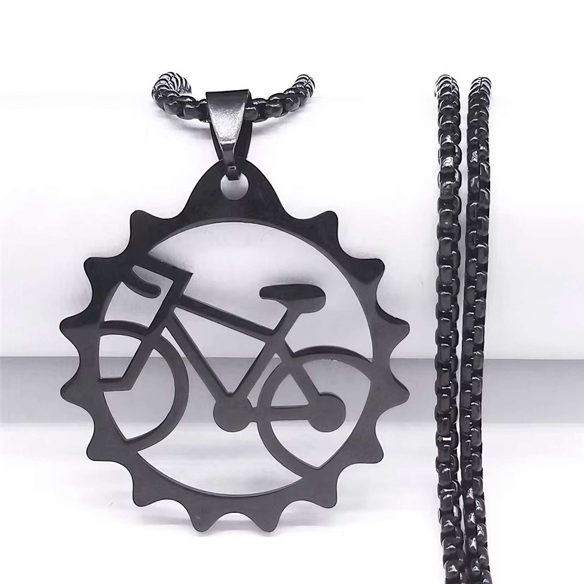 Black stainless steel bicycle gear pendant necklace