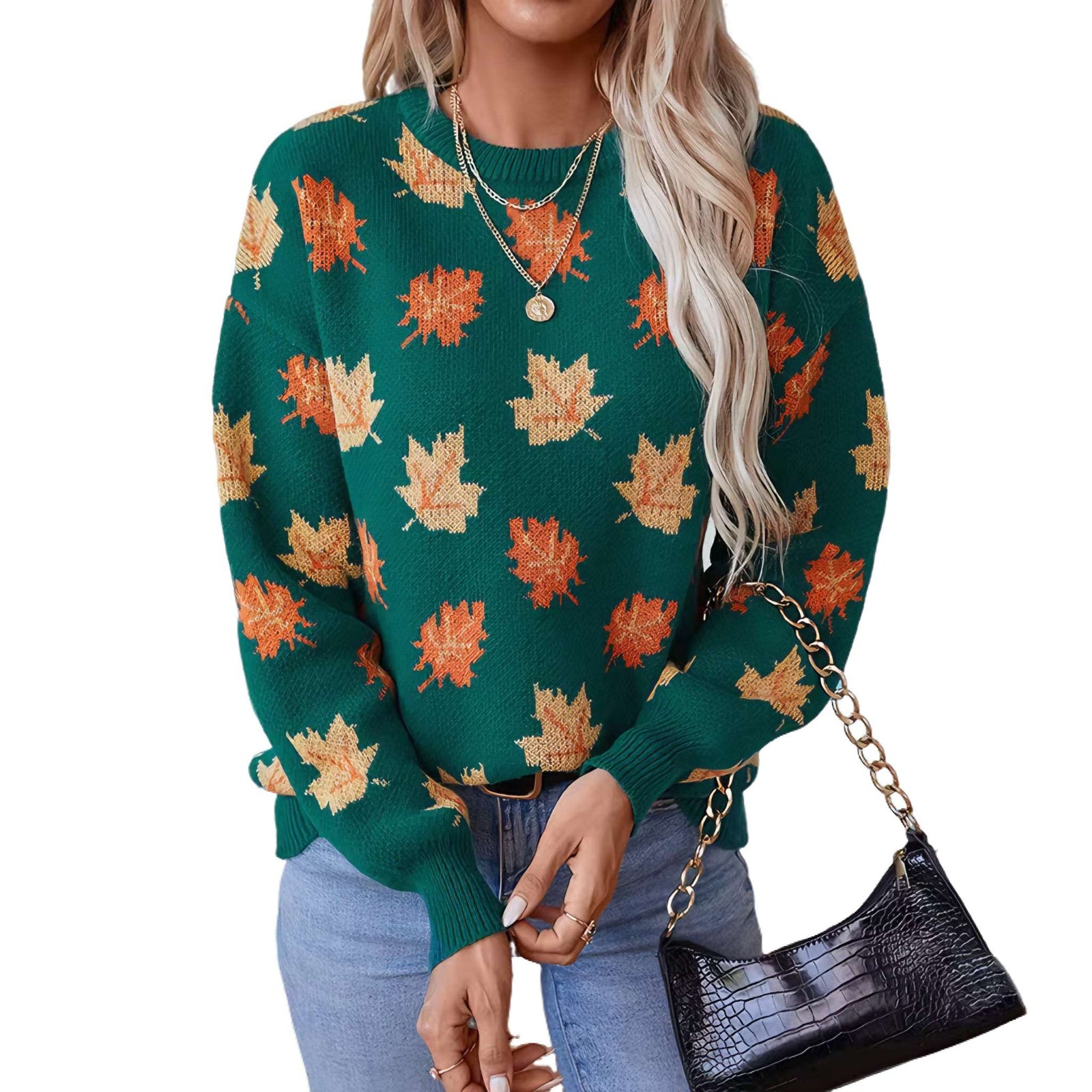 Maple Leaf Jacquard Knit Pullover Sweater - Women's