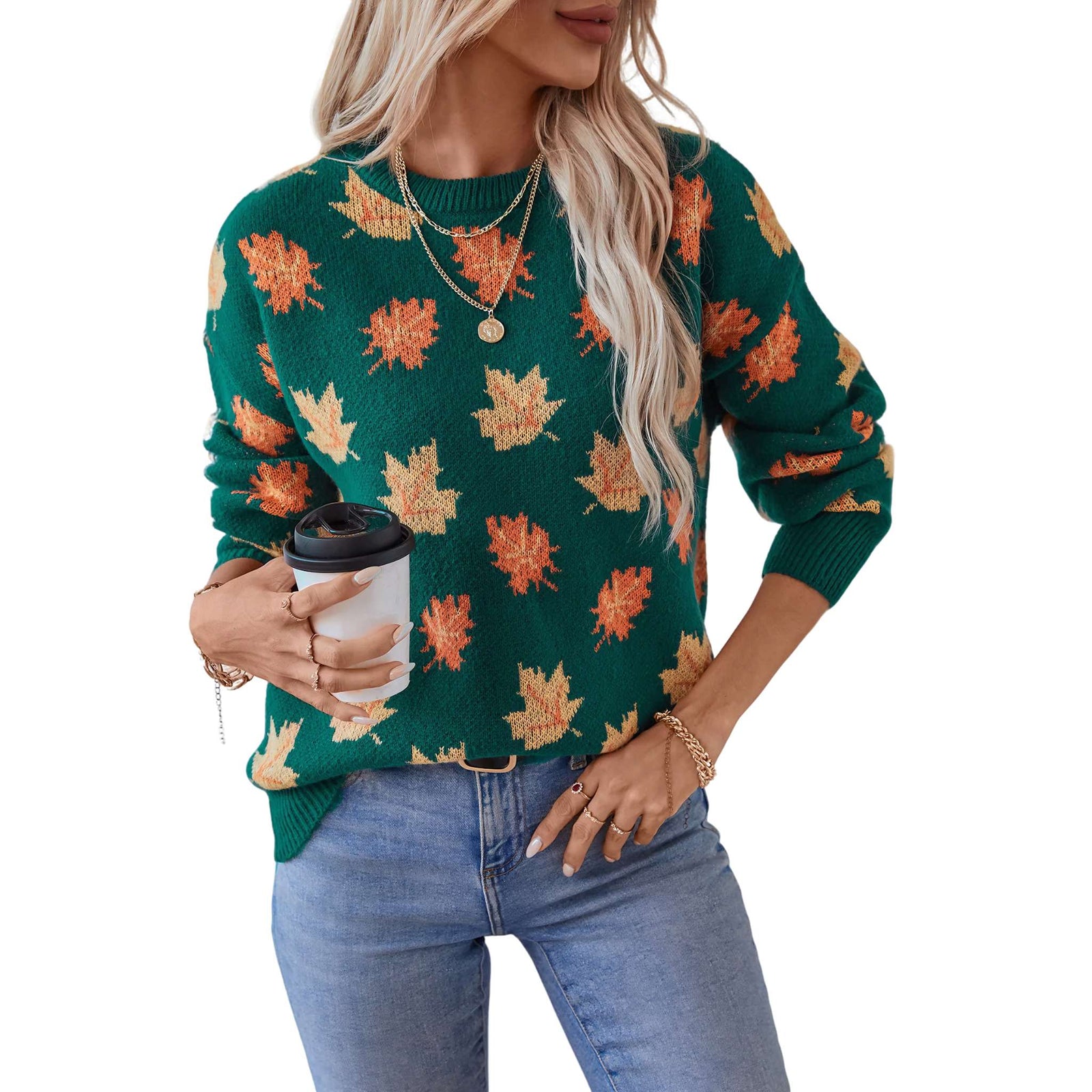 Maple Leaf Jacquard Knit Pullover Sweater - Women's