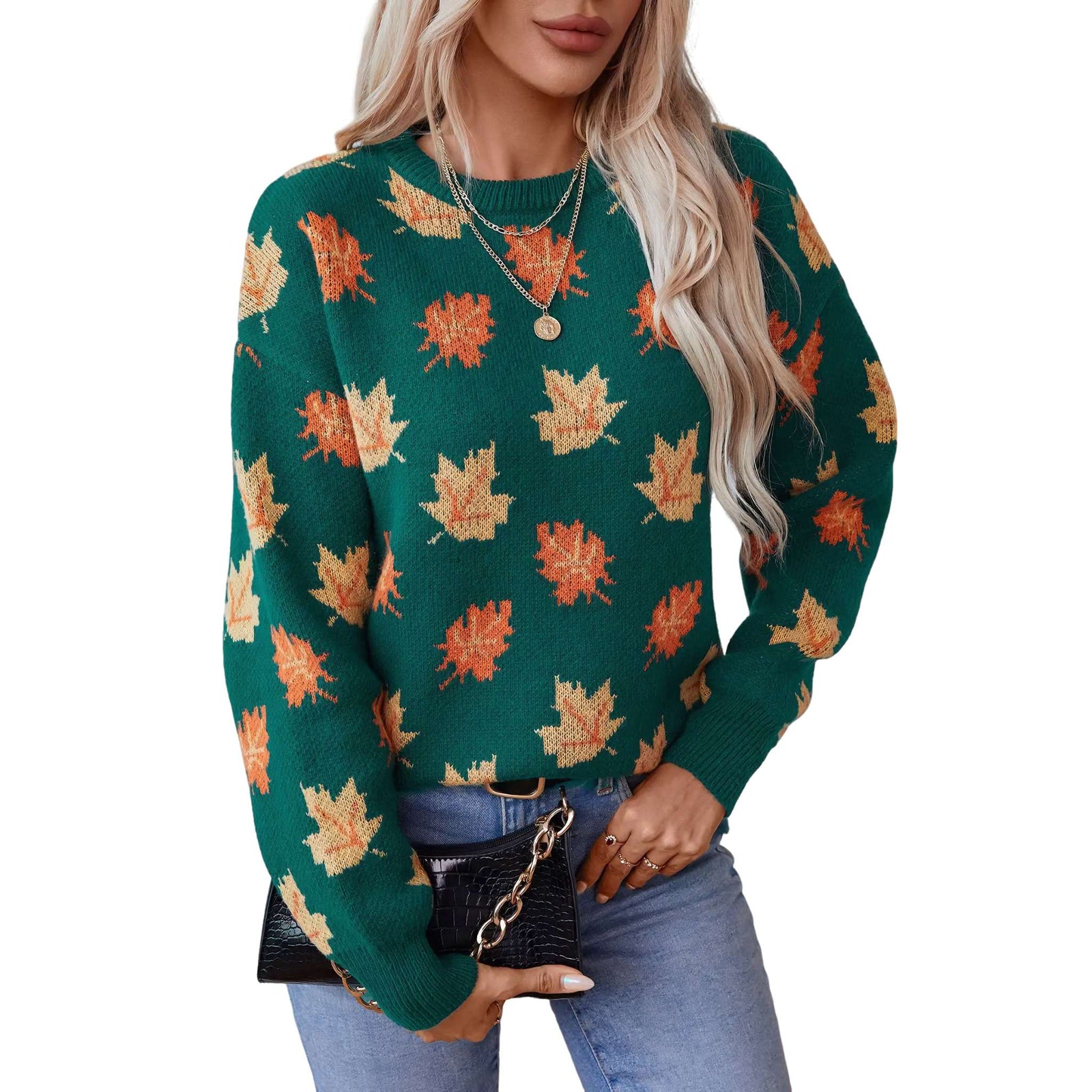 Maple Leaf Jacquard Knit Pullover Sweater - Women's