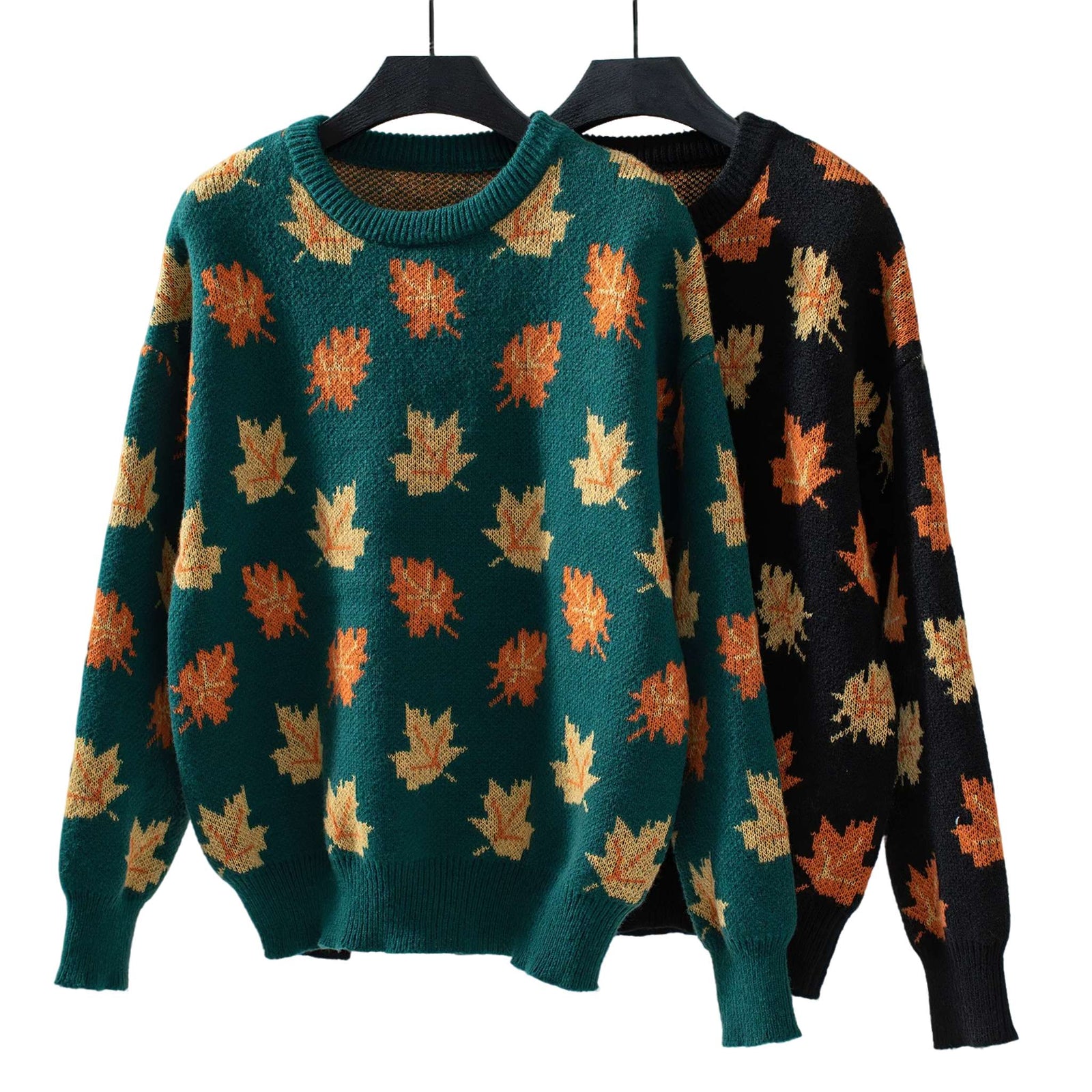 Maple Leaf Jacquard Knit Pullover Sweater - Women's