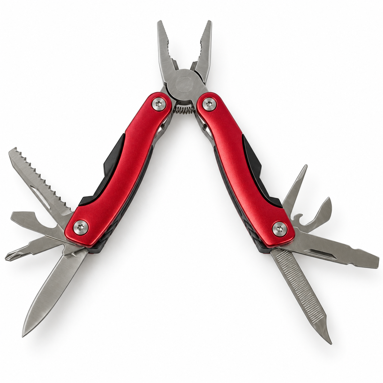 Red and black AceCamp multi tool with its pliers and source-evidenced fold-out implements deployed on a plain surface
