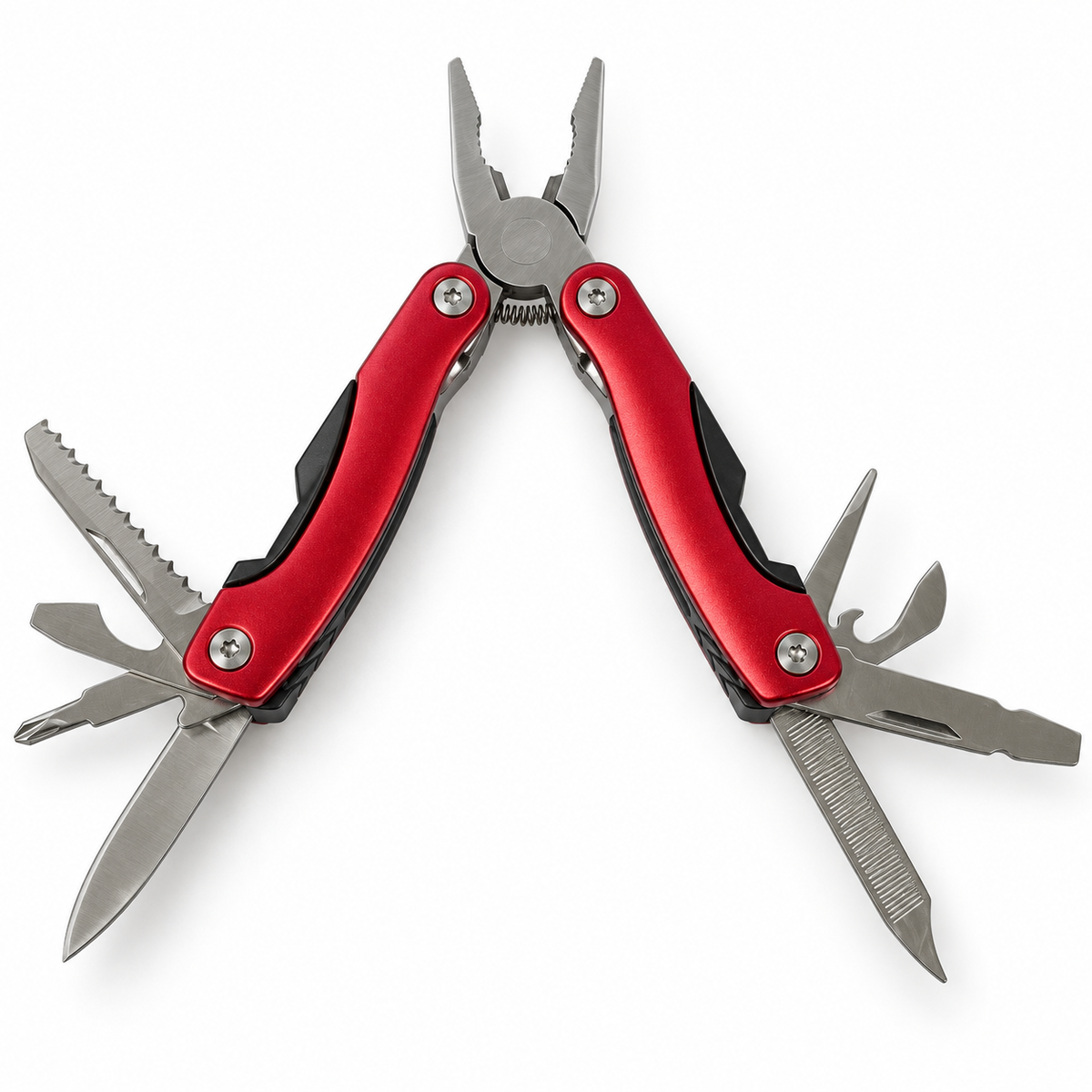 Red and black AceCamp multi tool with its pliers and source-evidenced fold-out implements deployed on a plain surface