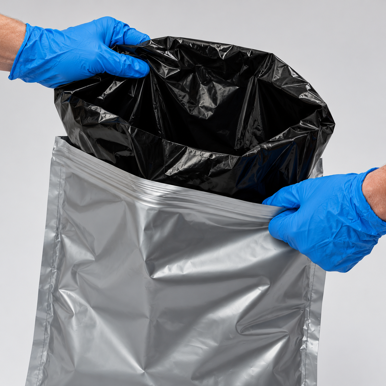 Reliance Double Doodie black inner bag and silver-gray resealable outer bag held open by gloved hands; gloves are illustrative props