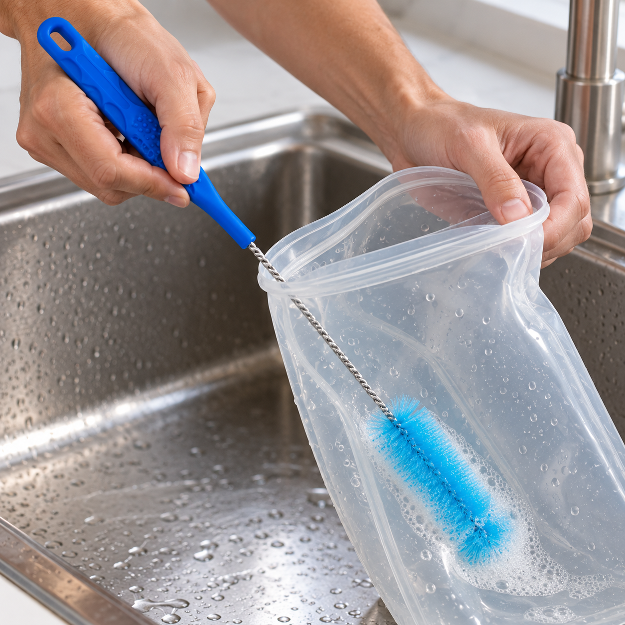 Hands using the large blue-handled cleaning brush against the inside wall of an open hydration reservoir over a sink; reservoir not included.