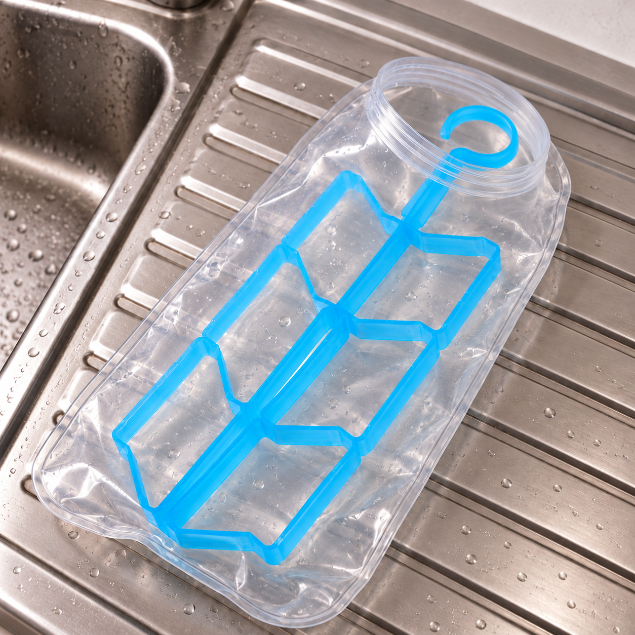 Expanded rack holding generic unsold reservoir walls apart with open fill mouth on draining board